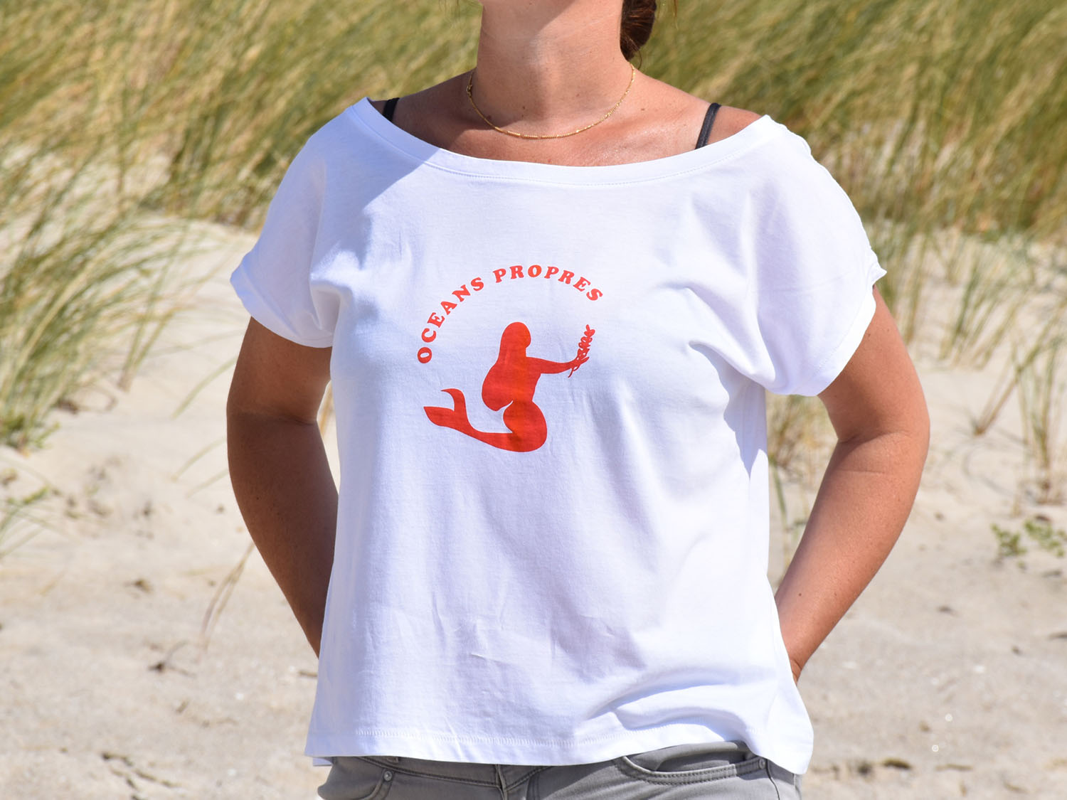 T-shirt femme sirène océans propres blanc rouge