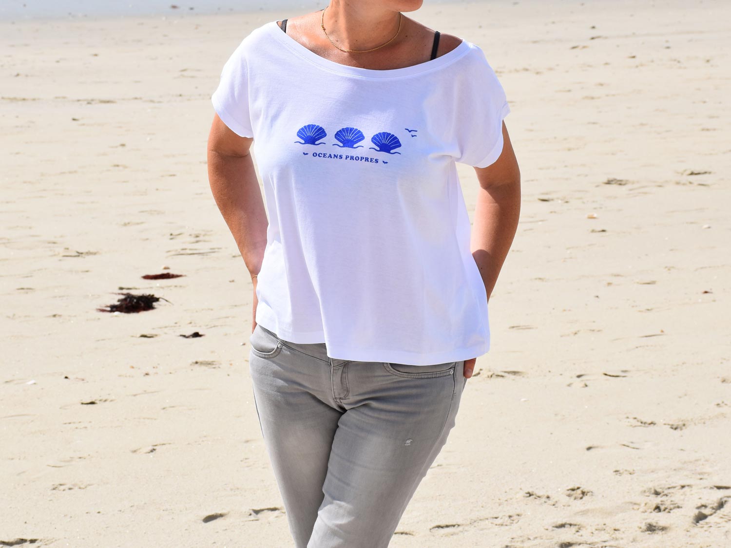 T-Shirt Femme blanc, coquillages bleus