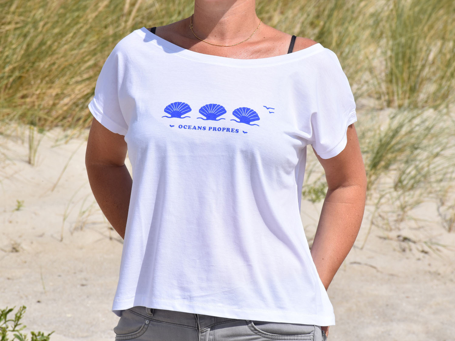 T-Shirt Femme blanc, coquillages bleus