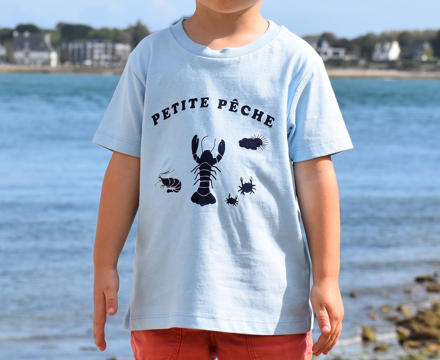 T-Shirt Garçon bleu ciel, petite pêche bleu-marine