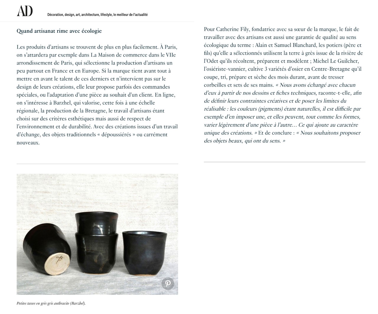 Article sur barzhel dans AD magazine France